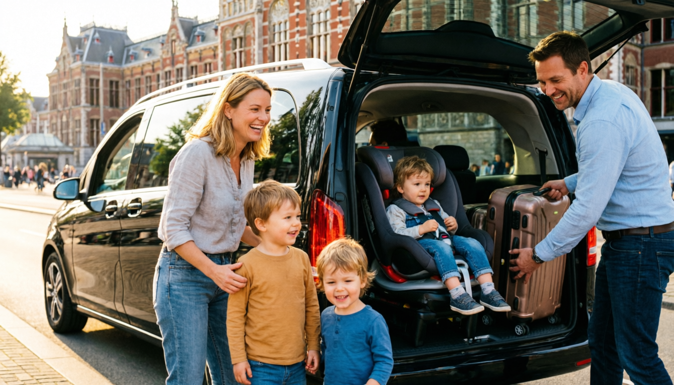 Familie stapt bij Amsterdam Centraal Station in een zwarte Mercedes V-Class taxi van Dutch Cab Company met kinderzitje en koffers