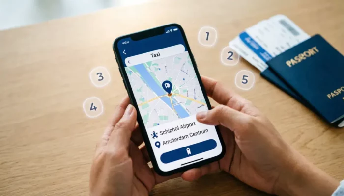 Stap-voor-stap uitleg taxi Amsterdam online boeken via smartphone app met kaart en bestemming